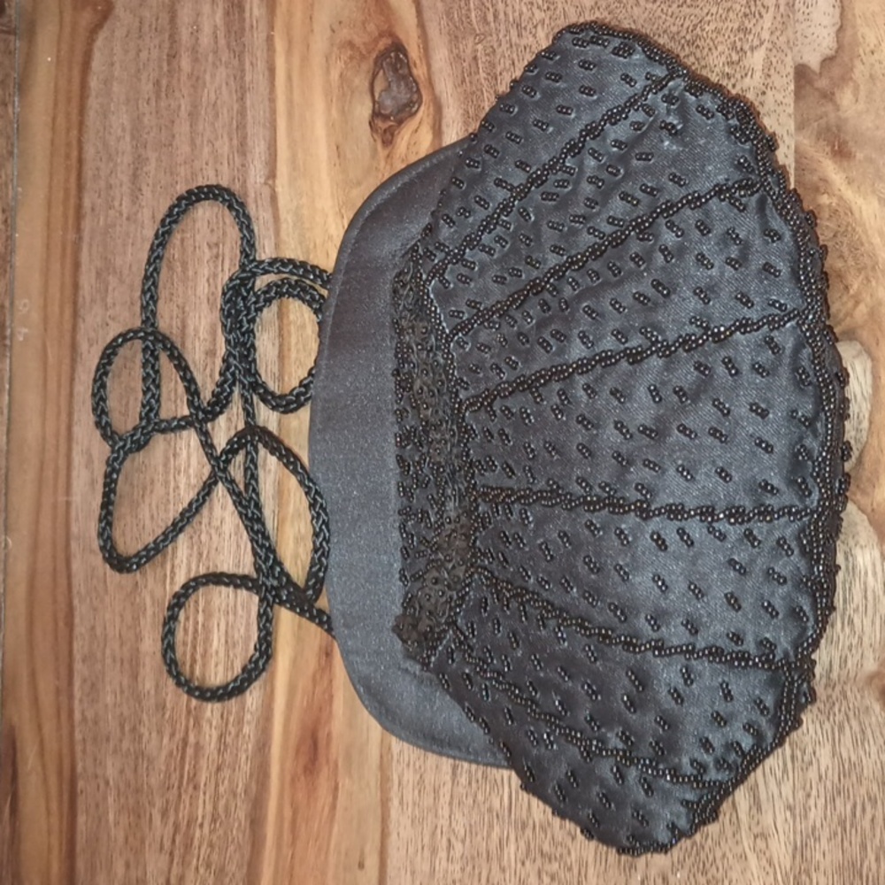 Formal Black Beaded Small Evening Purse-Crossbody